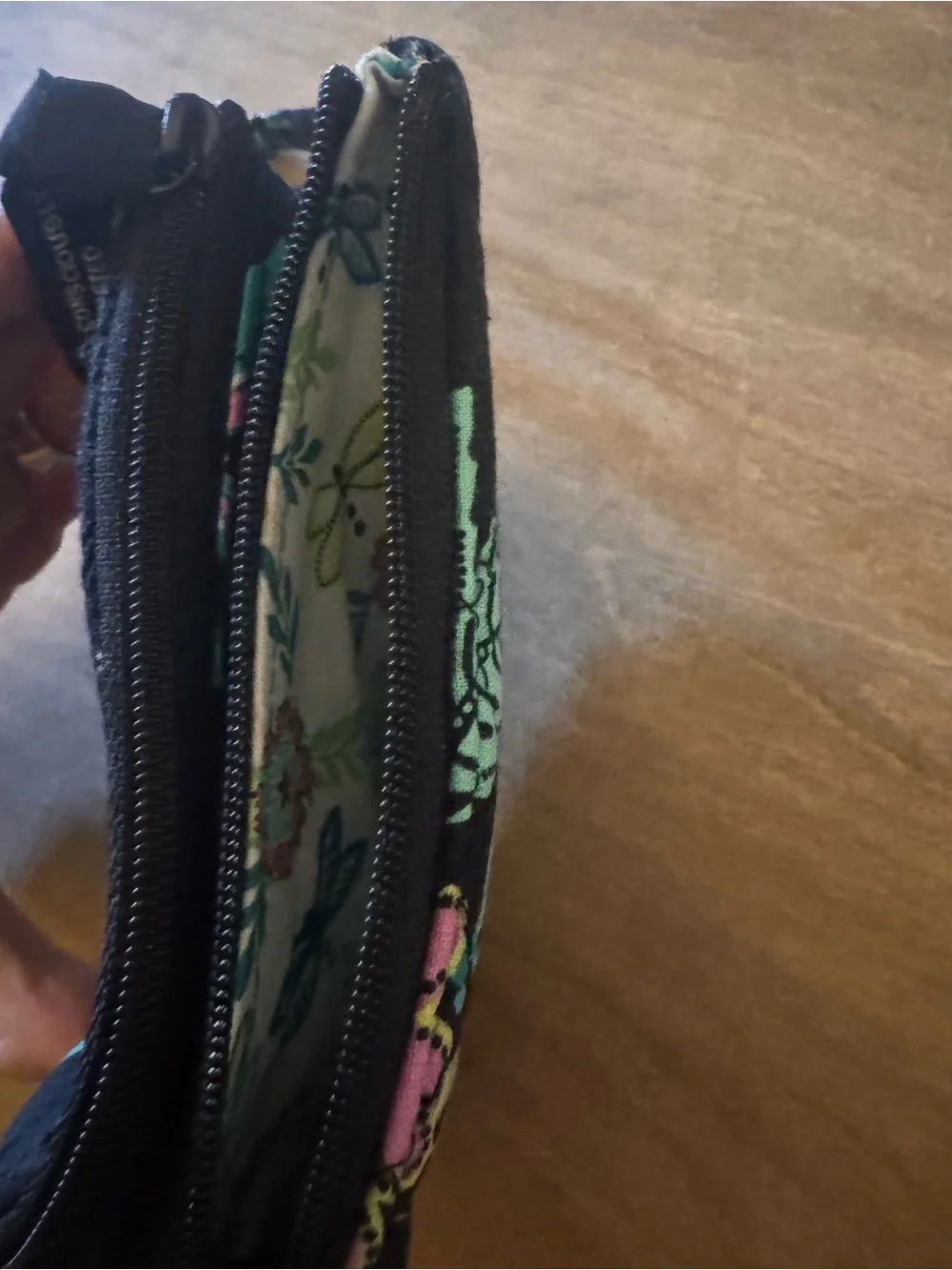 Vera Bradley Black Floral Quilted Wristlet Wallet with Aqua and Pink Accents